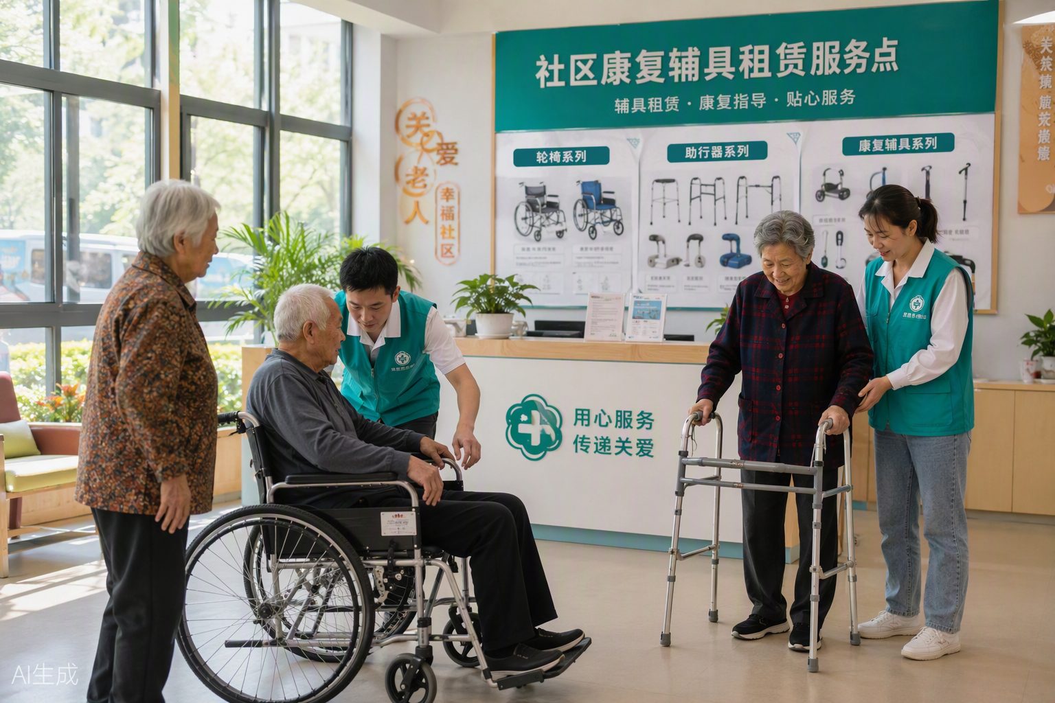 社区康复辅具租赁服务点内老人在体验辅具