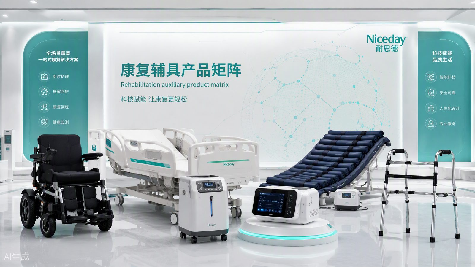 康复辅具产品矩阵:轮椅、护理床、制氧机、防褥疮床垫、助行器